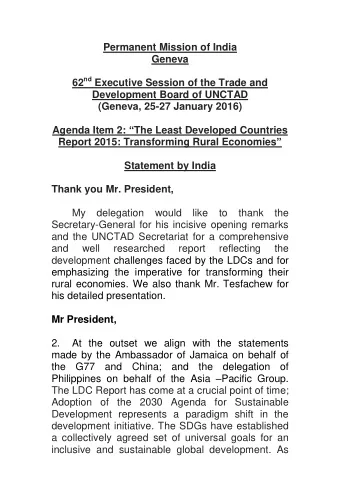 Permanent Mission of India  Geneva 62 nd Executive Session of the Trade and Development Board of
