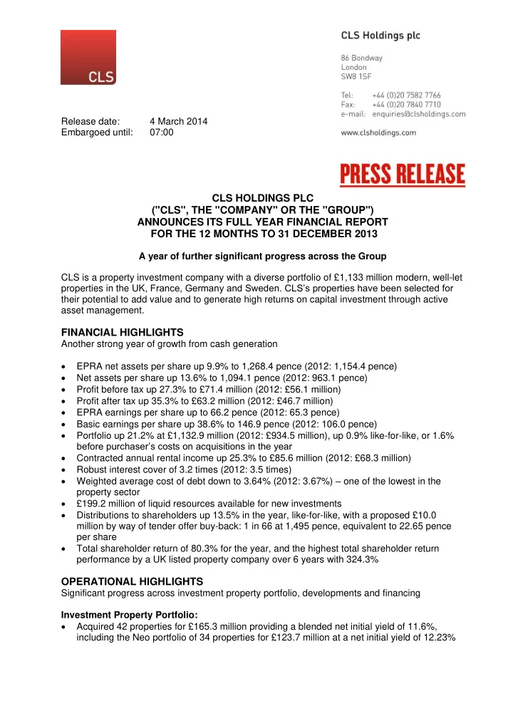 cls holdings plc cls the company or the group announces