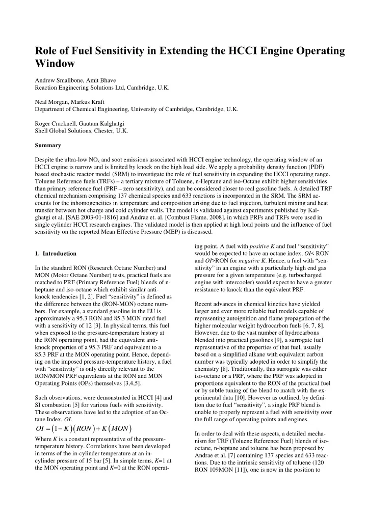 role of fuel sensitivity in extending the hcci engine
