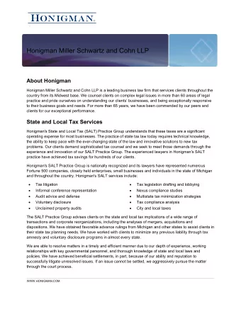 Honigman Miller Schwartz and Cohn LLP  About Honigman  Honigman Miller Schwartz and Cohn LLP is a