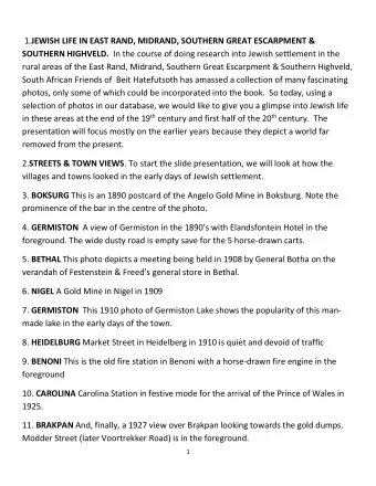 1. JEWISH LIFE IN EAST RAND, MIDRAND, SOUTHERN GREAT ESCARPMENT &amp; SOUTHERN HIGHVELD. In the