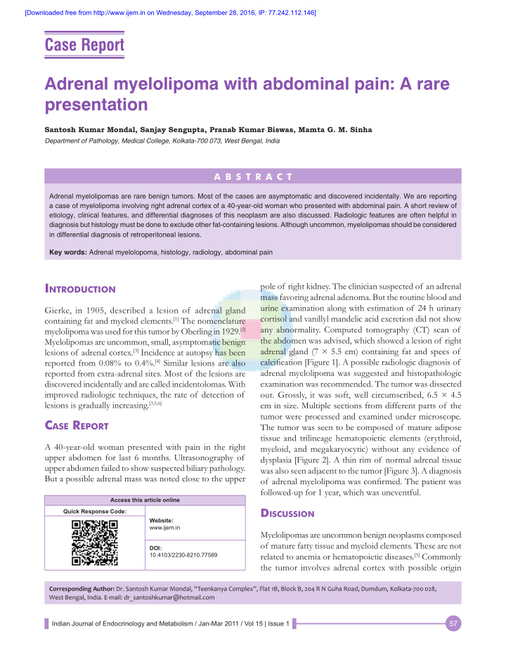 adrenal myelolipoma with abdominal pain a rare