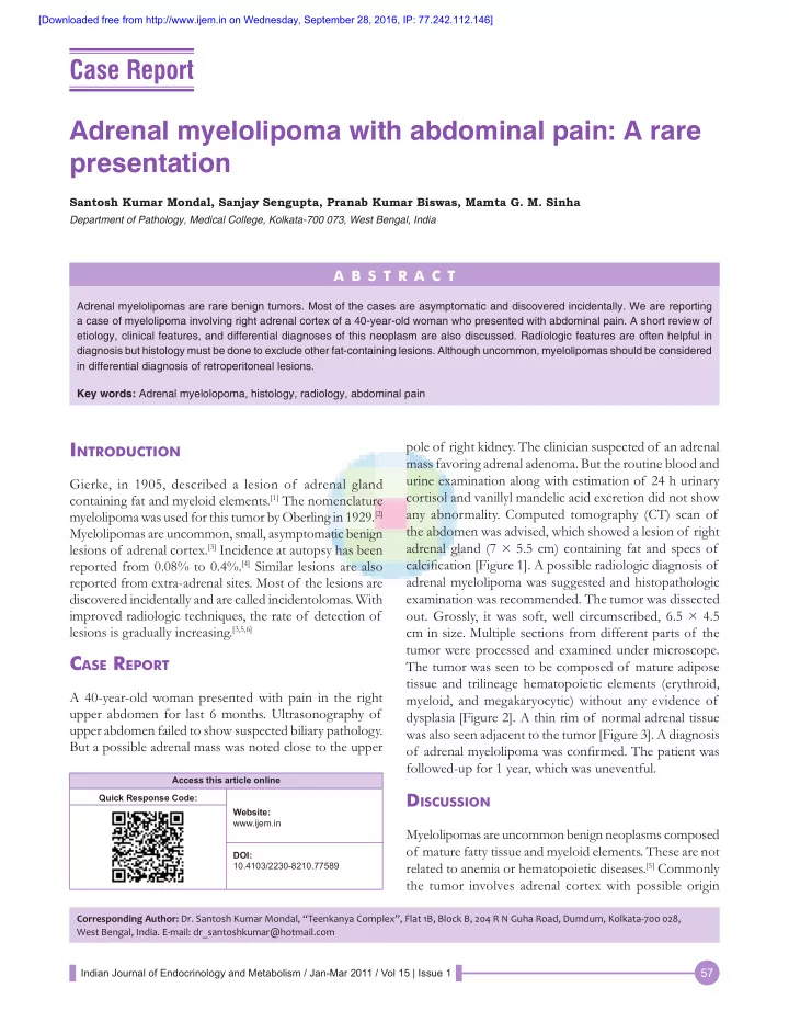 adrenal myelolipoma with abdominal pain a rare
