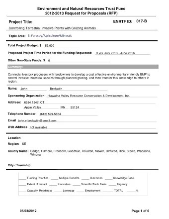 Environment and Natural Resources Trust Fund  2012-2013 Request for Proposals (RFP)  017-B  ENRTF