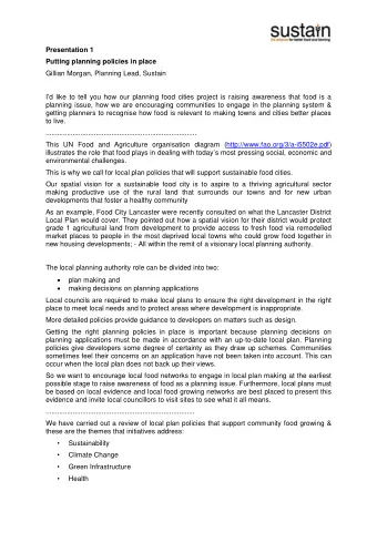 Presentation 1  Putting planning policies in place  Gillian Morgan, Planning Lead, Sustain I  d