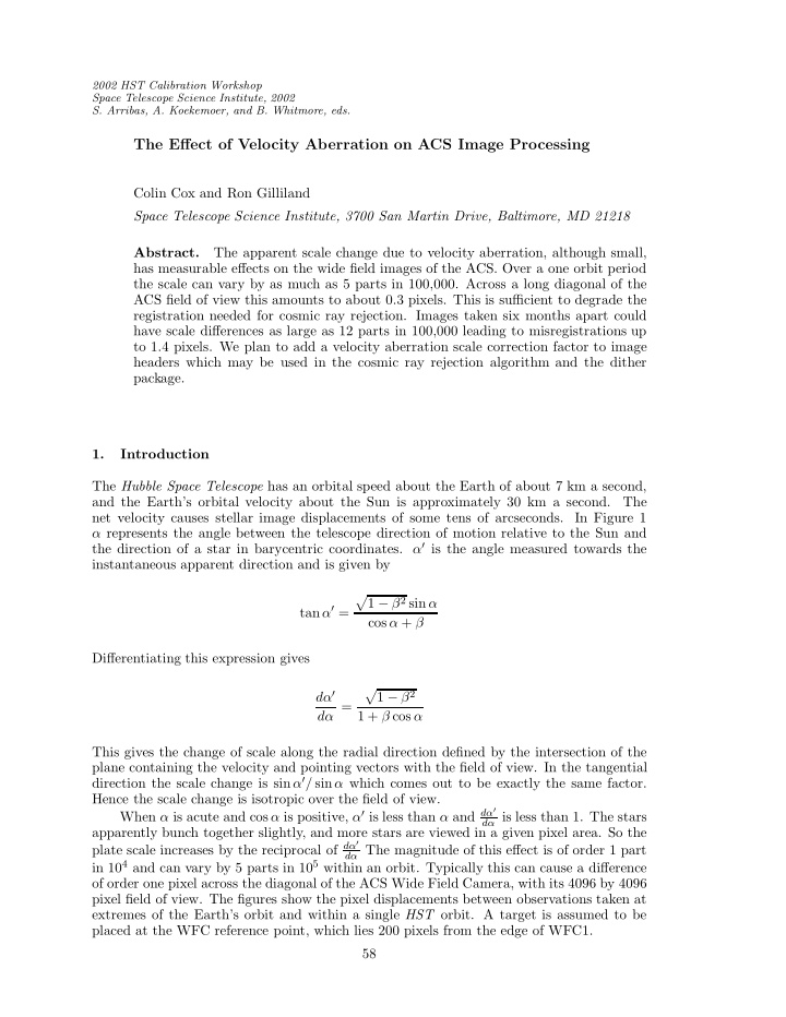 the effect of velocity aberration on acs image processing