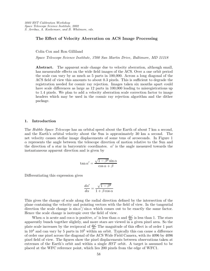 the effect of velocity aberration on acs image processing