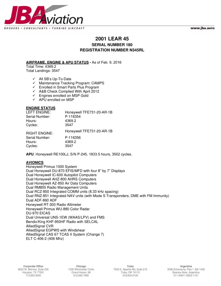 2001 lear 45