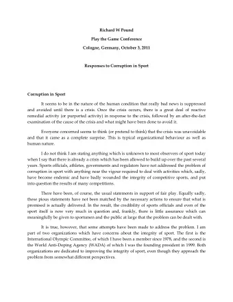 Richard W Pound  Play the Game Conference  Cologne, Germany, October 3, 2011  Responses to