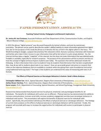 Paper Presentation Abstracts  Teaching Textual Variety: Pedagogical and Research Implications Dr.