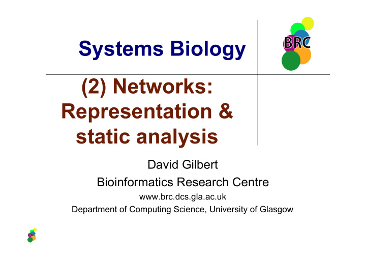 systems biology 2 networks representation static analysis