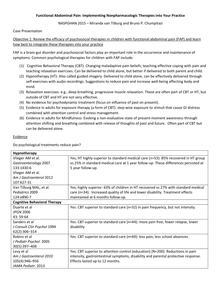 functional abdominal pain implementing nonpharmacologic