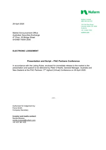 Presentation and Script  PAC Partners Conference  In accordance with the Listing Rules, enclosed