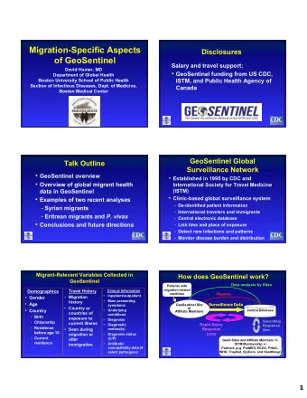 Migration-Specific Aspects  Disclosures  of GeoSentinel  Salary and travel support:  David Hamer,