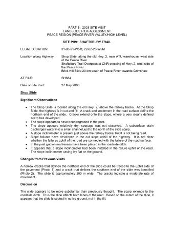 PART B:  2003 SITE VISIT  LANDSLIDE RISK ASSESSMENT  PEACE REGION (PEACE RIVER VALLEY/HIGH LEVEL)