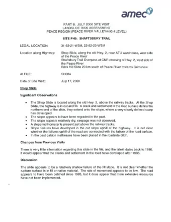 a  me PART 8: JULY 2000 SITE VISIT  LANDSLIDE RISK ASSESSMENT  PEACE REGION (PEACE RIVER