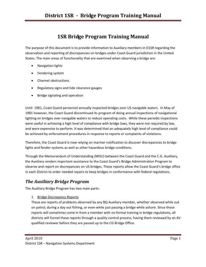 district 1sr bridge program training manual