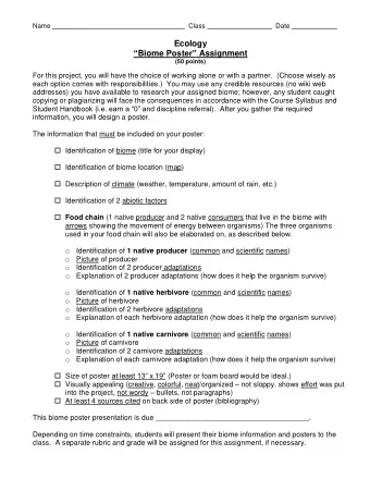 Ecology  Biome Poster Assignment  (50 points)  For this project, you will have the choice of