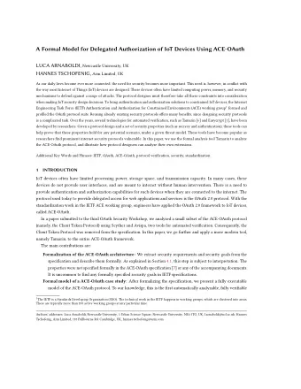 A Formal Model for Delegated Authorization of IoT Devices Using ACE-OAuth LUCA ARNABOLDI, Newcastle