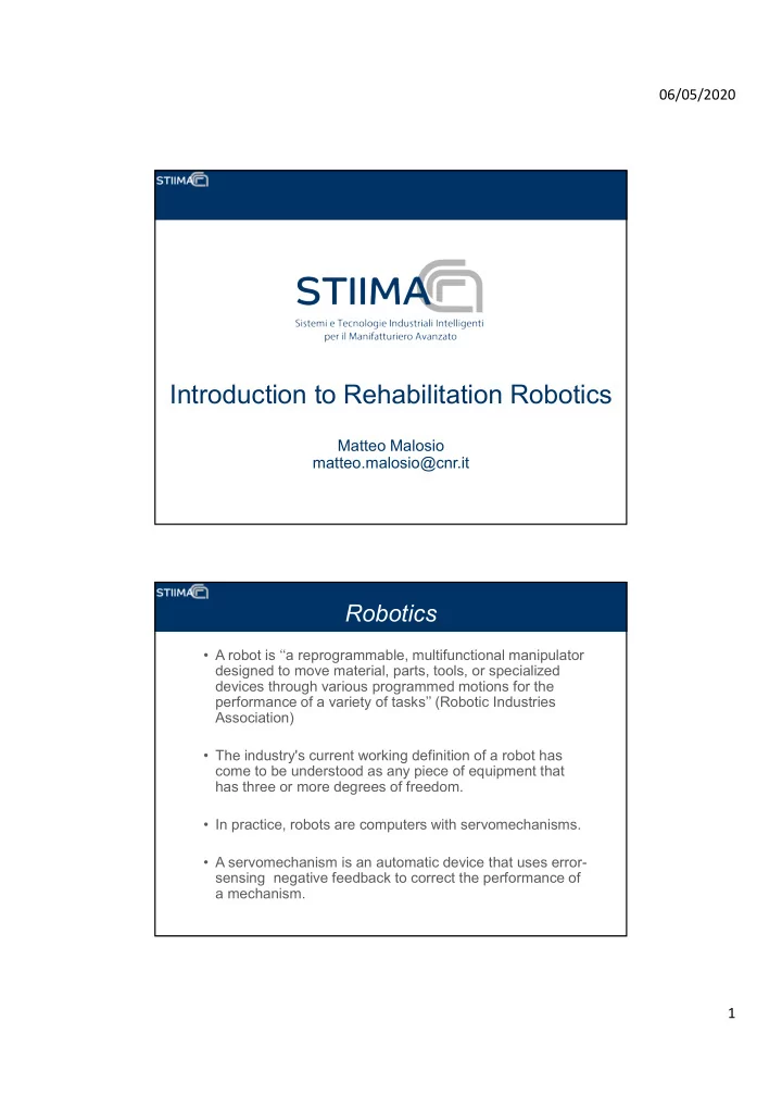 introduction to rehabilitation robotics