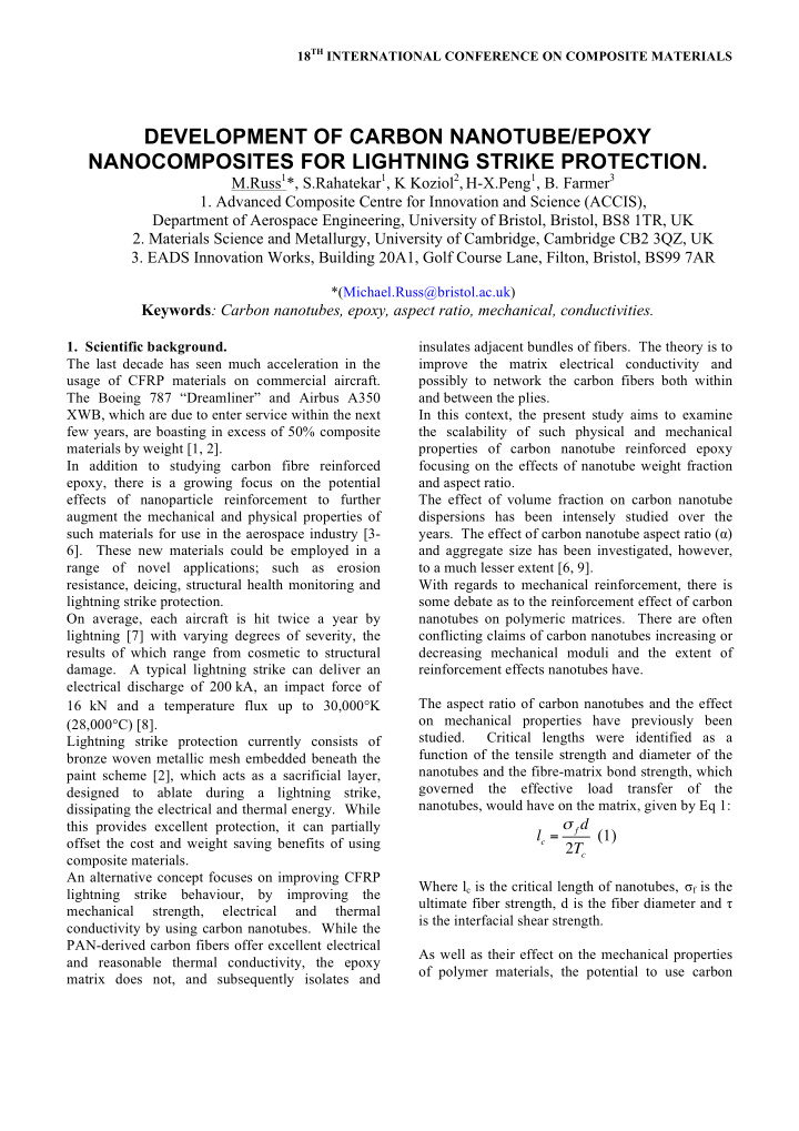 development of carbon nanotube epoxy nanocomposites for