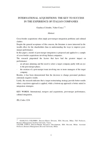 INTERNATIONAL ACQUISITIONS: THE KEY TO SUCCESS  IN THE EXPERIENCE OF ITALIAN COMPANIES Gianluca