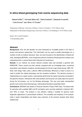 In silico blood genotyping from exome sequencing data Manuel Giollo 1,2 ,  Giovanni Minervini 1 ,