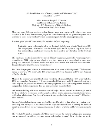 Nationwide Initiative of Prayer, Service and Witness to Life  November 11, 2019  Most