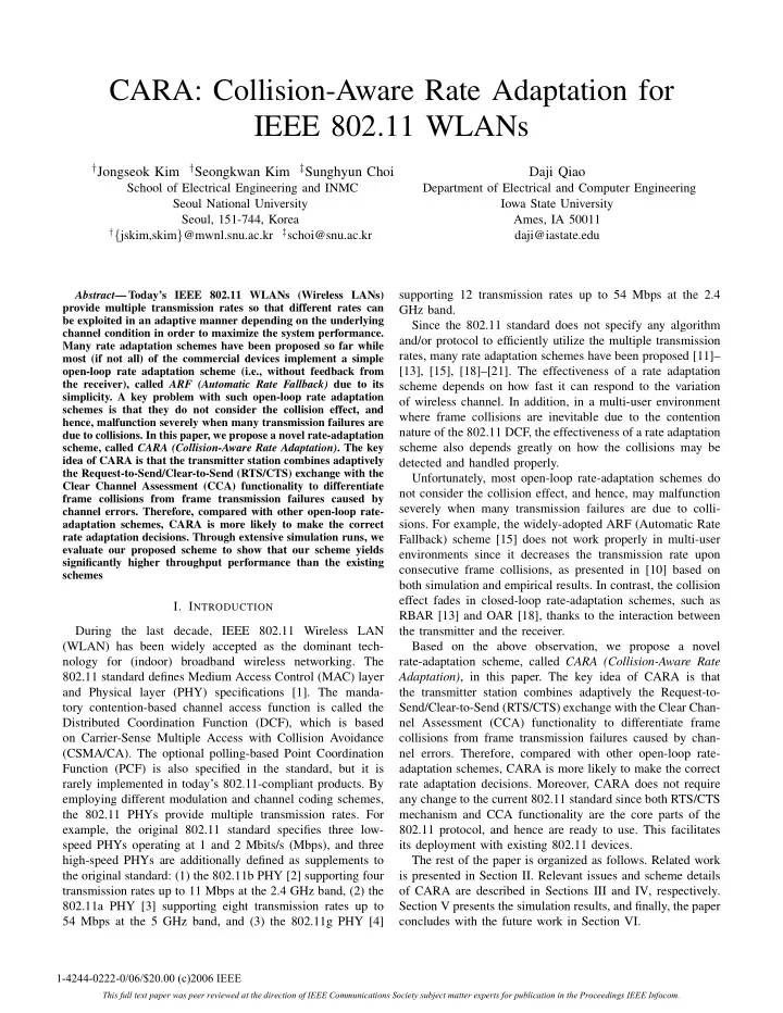 cara collision aware rate adaptation for ieee 802 11 wlans