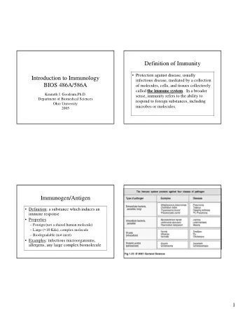 Definition of Immunity   Protection against disease, usually  Introduction to Immunology