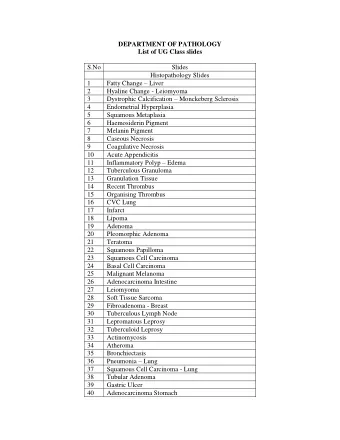 DEPARTMENT OF PATHOLOGY  List of UG Class slides  S.No  Slides  Histopathology Slides Fatty Change
