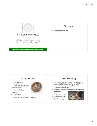 Disclosures  I have no disclosures Nutrition &amp; Menopause Making changes when you cant eat