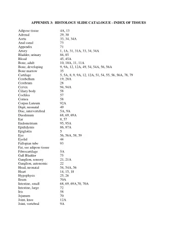 APPENDIX 3:  HISTOLOGY SLIDE CATALOGUE - INDEX OF TISSUES  Adipose tissue  4A, 13  Adrenal  29, 30