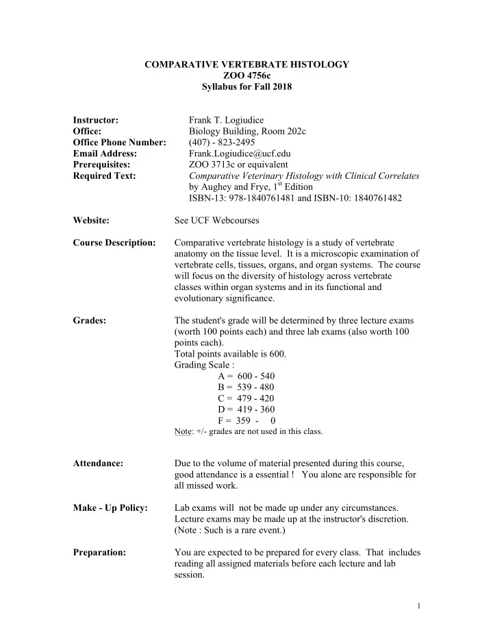 comparative vertebrate histology zoo 4756c syllabus for