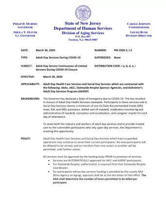 State of New Jersey P HILIP D. M URPHY C AROLE J OHNSON G OVERNOR C OMMISSIONER  Department of
