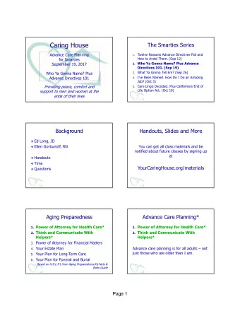 Caring House  The Smarties Series  Advance Care Planning 1. Twelve Reasons Advance Directives Fail