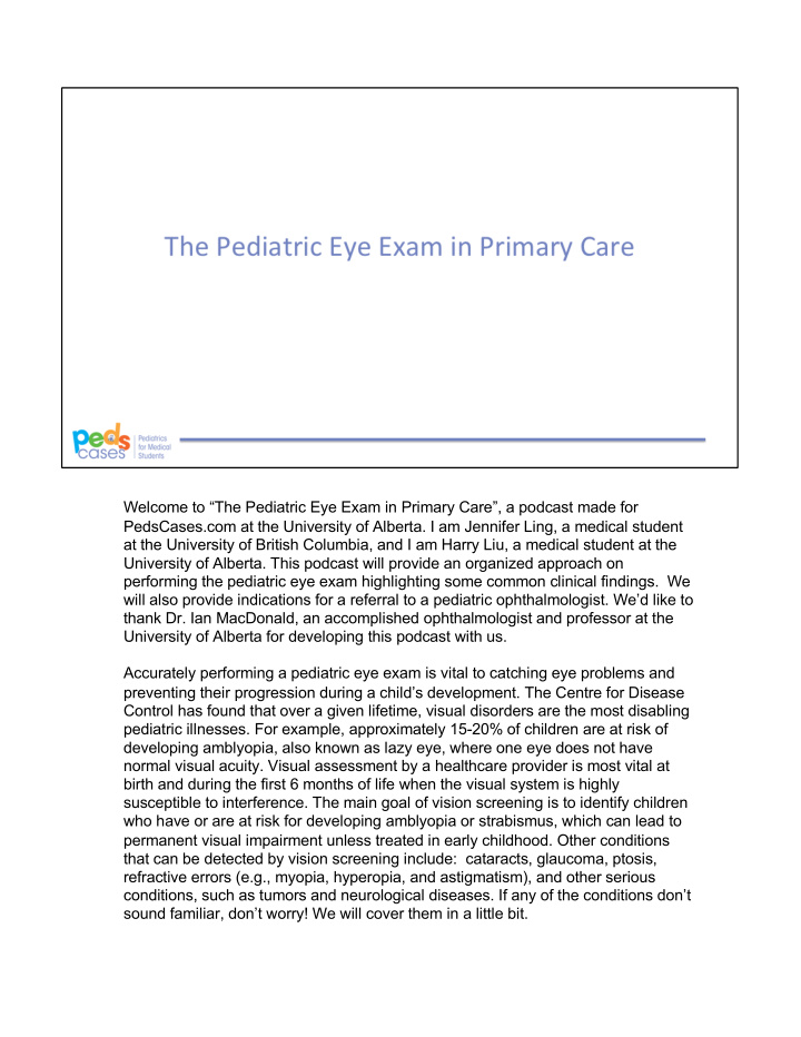 welcome to the pediatric eye exam in primary care a