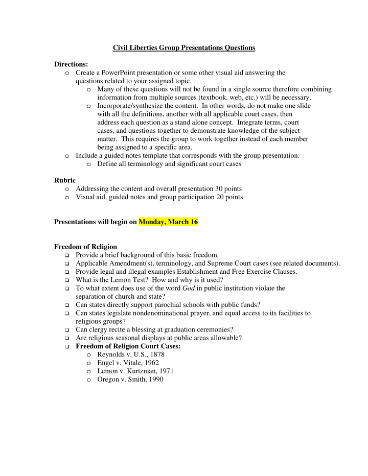 civil liberties group presentations questions directions