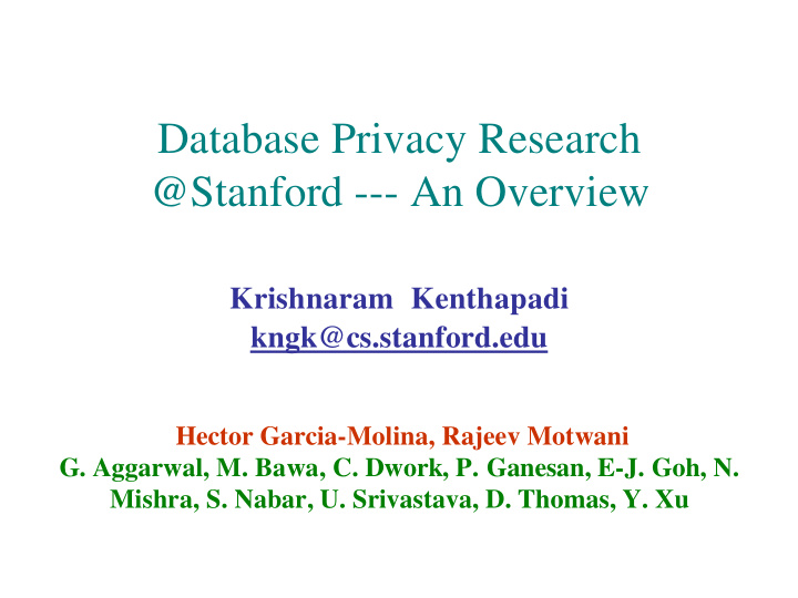 database privacy research stanford an overview