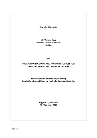 PROMOTING FINANCIAL AND HUMAN RESOURCES FOR  FAMILY PLANNING AND MATERNAL HEALTH  International