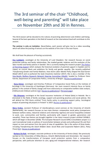The 3rd seminar of the chair Childhood, well- being and parenting will take place  on