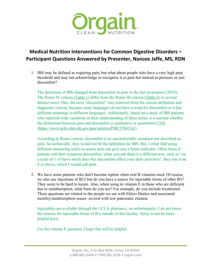 medical nutrition interventions for common digestive
