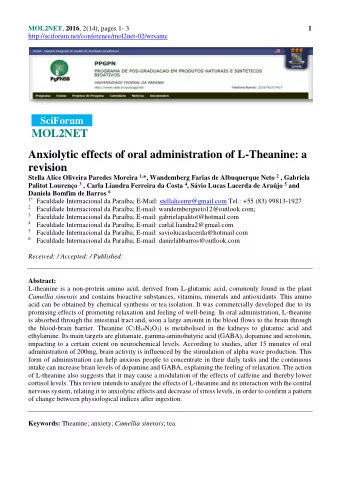 MOL2NET  Anxiolytic effects of oral administration of L-Theanine: a  revision Stella Alice Oliveira