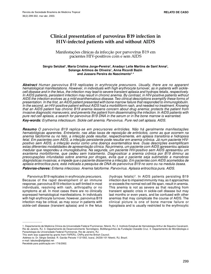 clinical presentation of parvovirus b19 infection in hiv