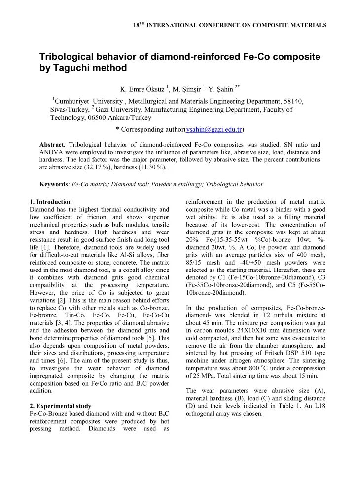 tribological behavior of diamond reinforced fe co