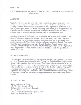 impact of Security.  I  SPEAKER'S BIOGRAPHY The Speaker is the former Chairman, Technical Committee