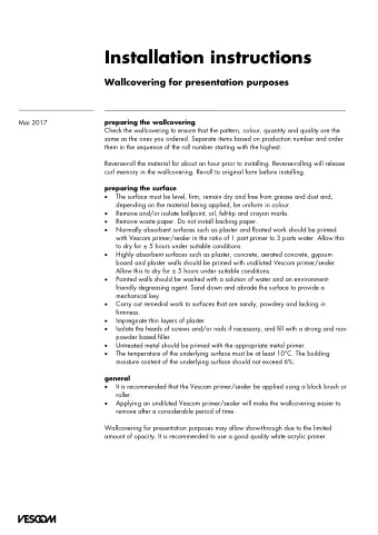 Installation instructions  Wallcovering for presentation purposes preparing the wallcovering  Mai