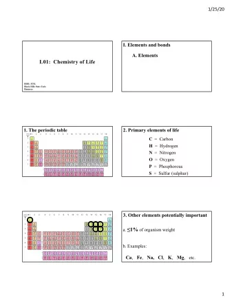 I. Elements and bonds  B. Bonds  1. Elements bond to make molecules  2. Each element can make a set