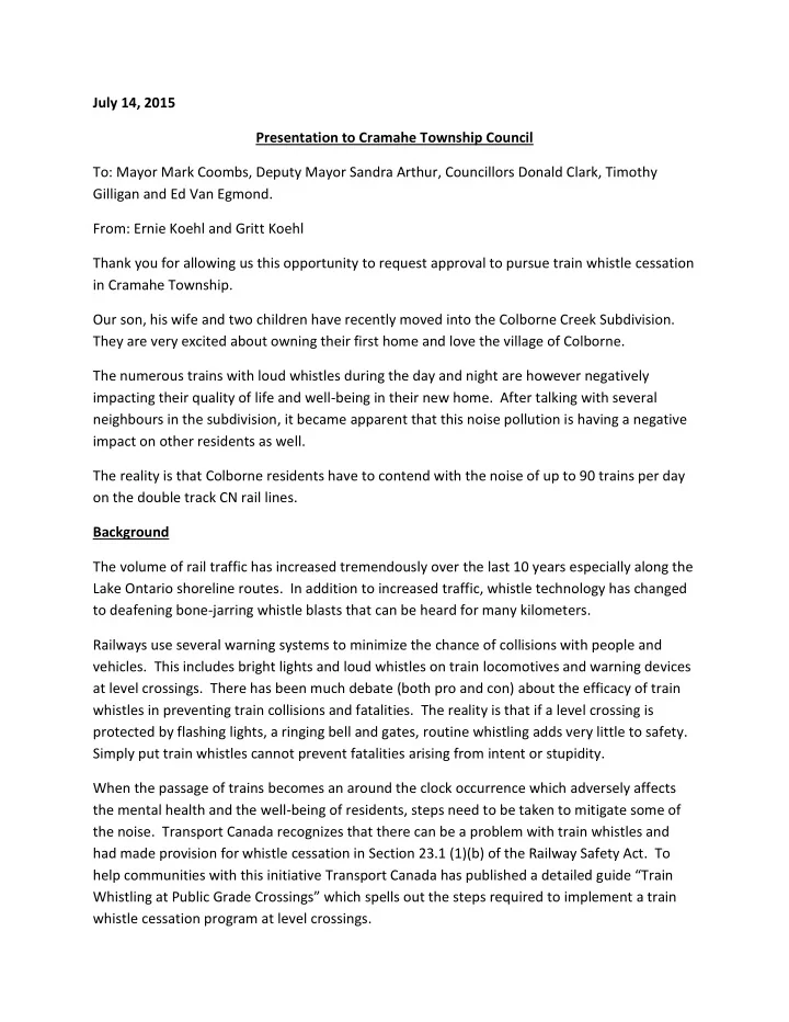 july 14 2015 presentation to cramahe township council to