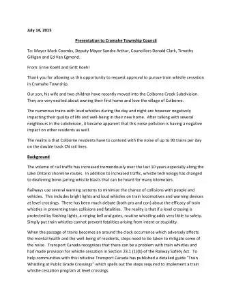 July 14, 2015 Presentation to Cramahe Township Council  To: Mayor Mark Coombs, Deputy Mayor Sandra